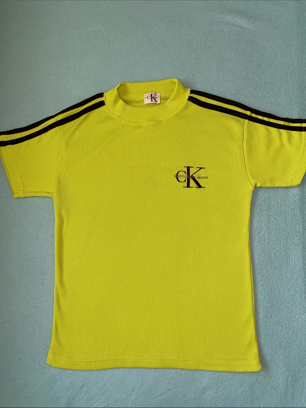 CALVIN KLEIN mock neck rib knit neon green short sleeve 3 blk stripes NEW size S